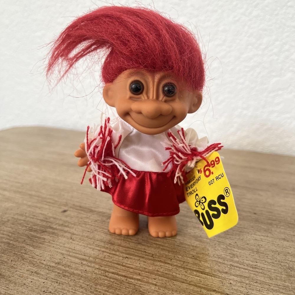 Russ Troll Doll School Sports Cheerleader Red Hair Red White Pom Uniform 4" Vtg